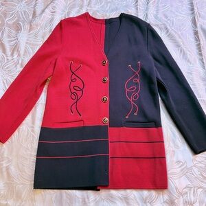 Vintage Woven Blazer 2 Tone Red Blue Gold Anchor Buttons Chanel Inspired - Large